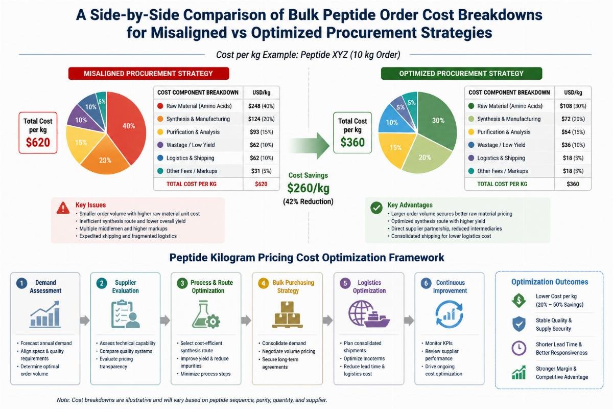 Peptide kilogram pricing cost optimization framework A side-by-side comparison of bulk peptide order cost breakdowns for misaligned vs optimized procurement strategies