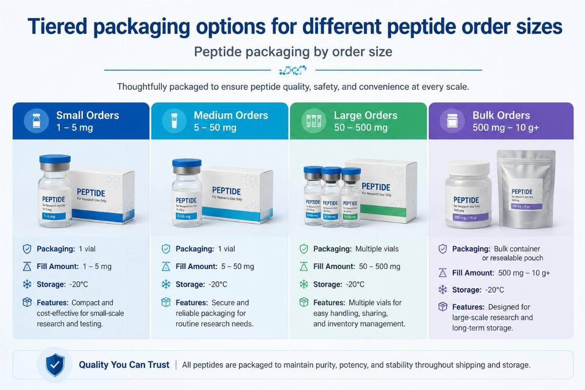 Peptide packaging by order size Tiered packaging options for different peptide order sizes
