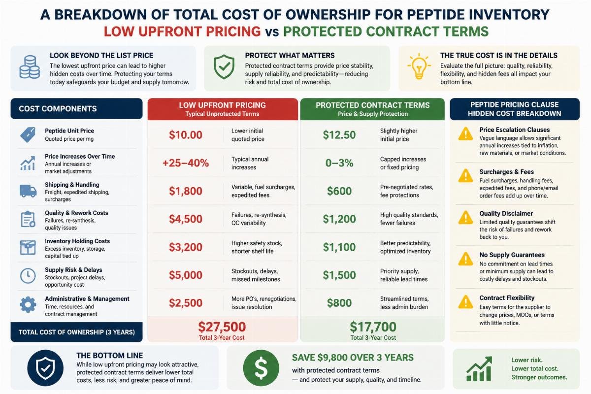 peptide pricing clause hidden cost breakdown A breakdown of total cost of ownership for peptide inventory comparing low upfront pricing vs protected contract terms