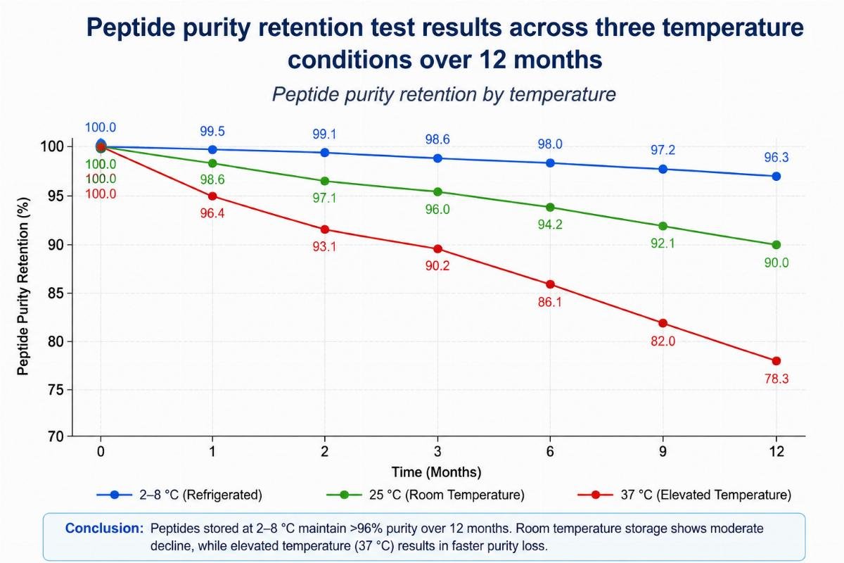 Peptide purity retention by temperature Peptide purity retention test results across three temperature conditions over 12 months