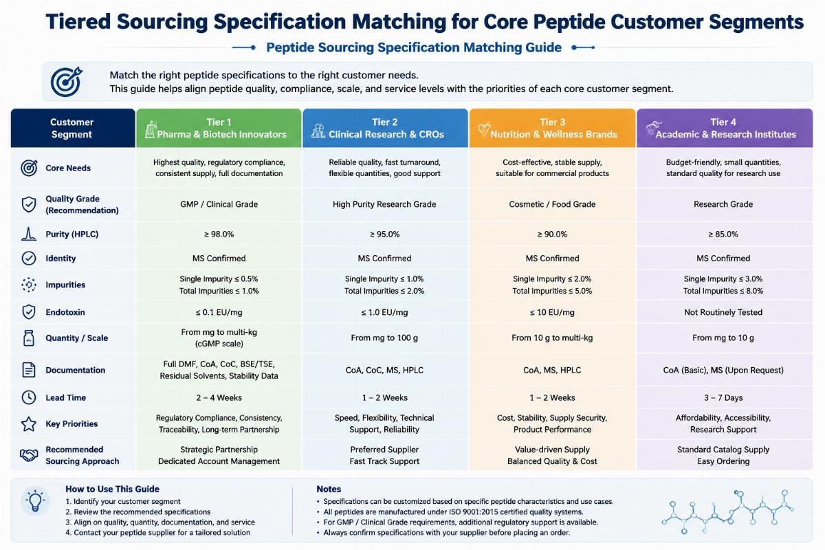 Tiered sourcing specification matching for core peptide customer segments