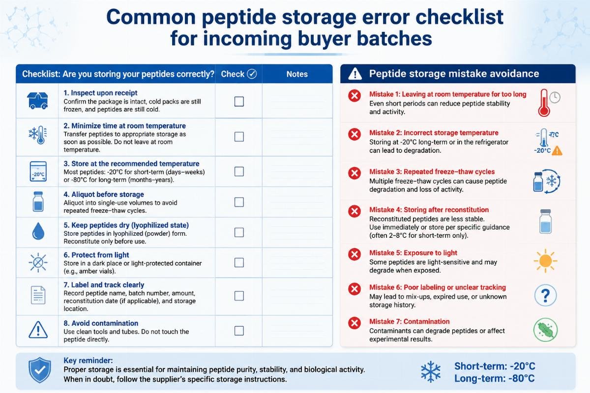 Peptide storage mistake avoidance Common peptide storage error checklist for incoming buyer batches