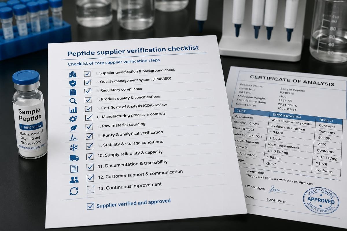 Peptide supplier verification checklist Checklist of core supplier verification steps laid out on a lab bench alongside a sample peptide vial and COA document