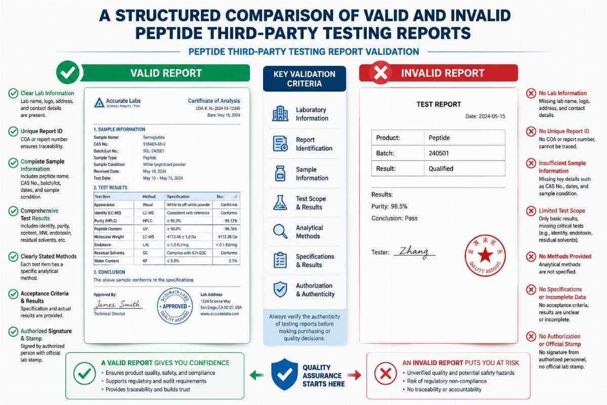 peptide third-party testing report validation A structured comparison of valid and invalid peptide third-party testing reports