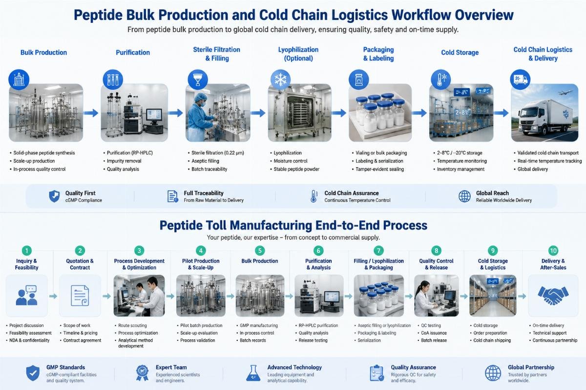 Peptide bulk production and cold chain logistics workflow overview