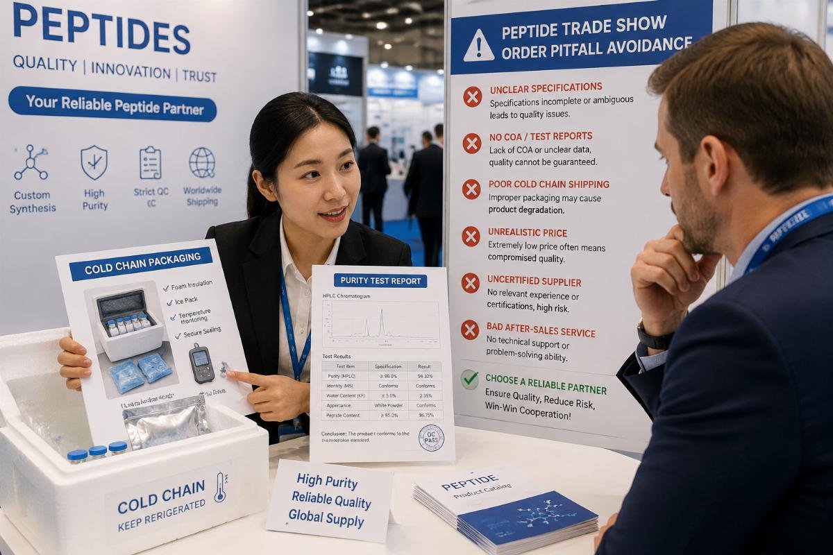 Supplier showing cold chain packaging and purity test reports to a trade show buyer