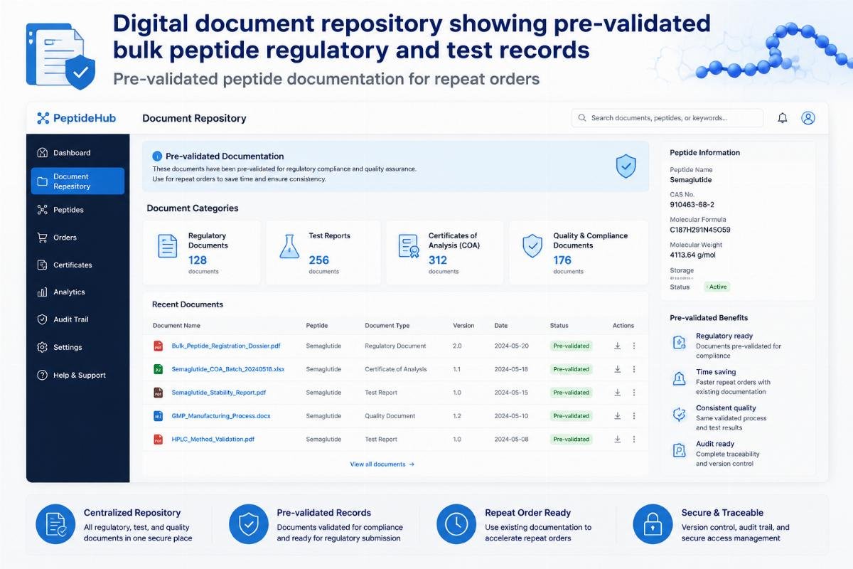 pre-validated peptide documentation for repeat orders Digital document repository showing pre-validated bulk peptide regulatory and test records