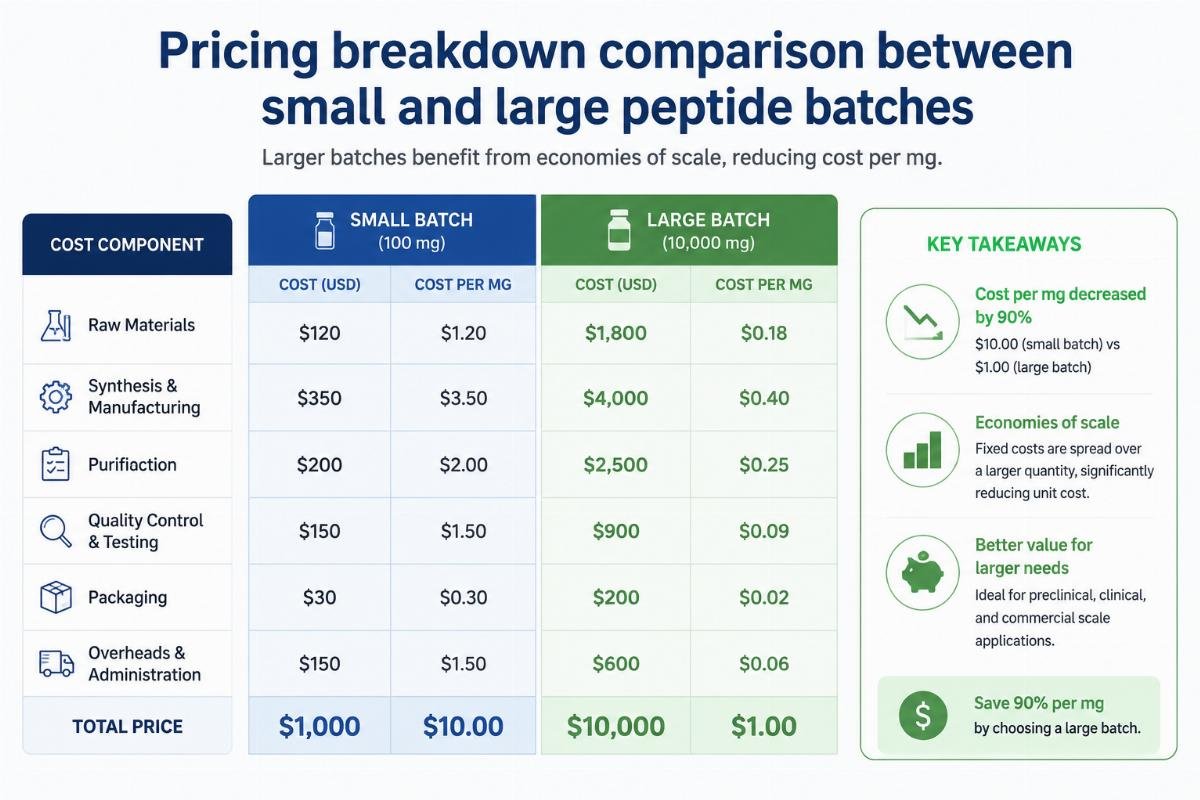 Pricing breakdown comparison between small and large peptide batches
