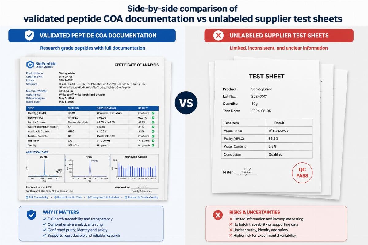 Side-by-side comparison of validated peptide COA documentation vs unlabeled supplier test sheets