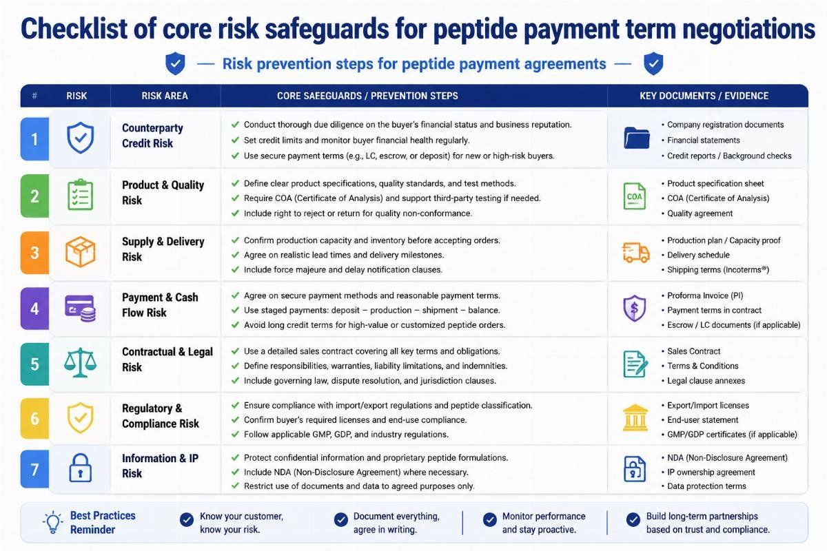 Checklist of core risk safeguards for peptide payment term negotiations