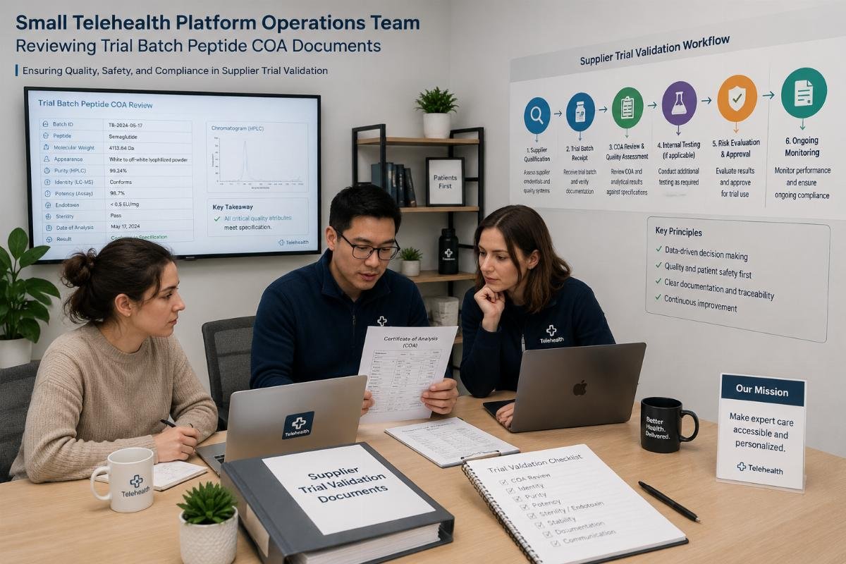 Small telehealth platform operations team reviewing trial batch peptide COA documents