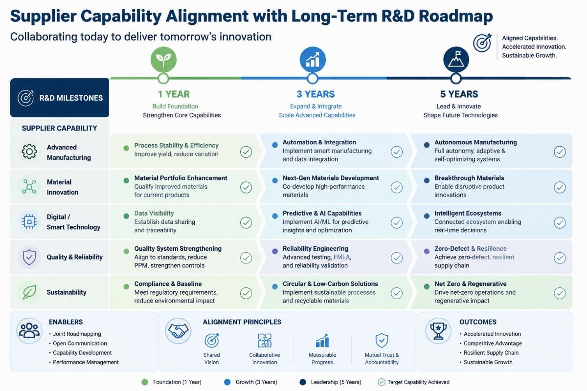 Supplier capability alignment with long-term R&D roadmap Roadmap graphic showing supplier capability alignment with 1, 3, and 5 year R&D milestones
