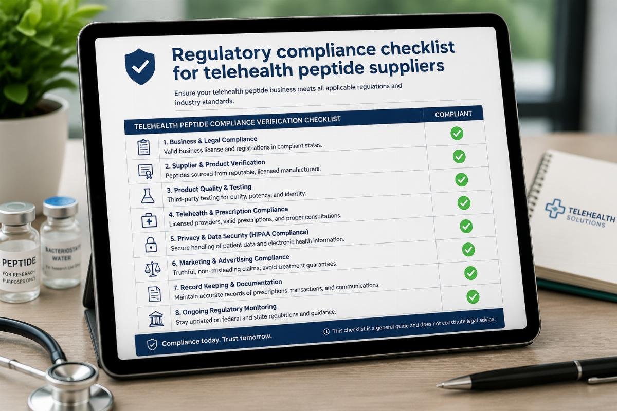 Regulatory compliance checklist for telehealth peptide suppliers displayed on a tablet screen