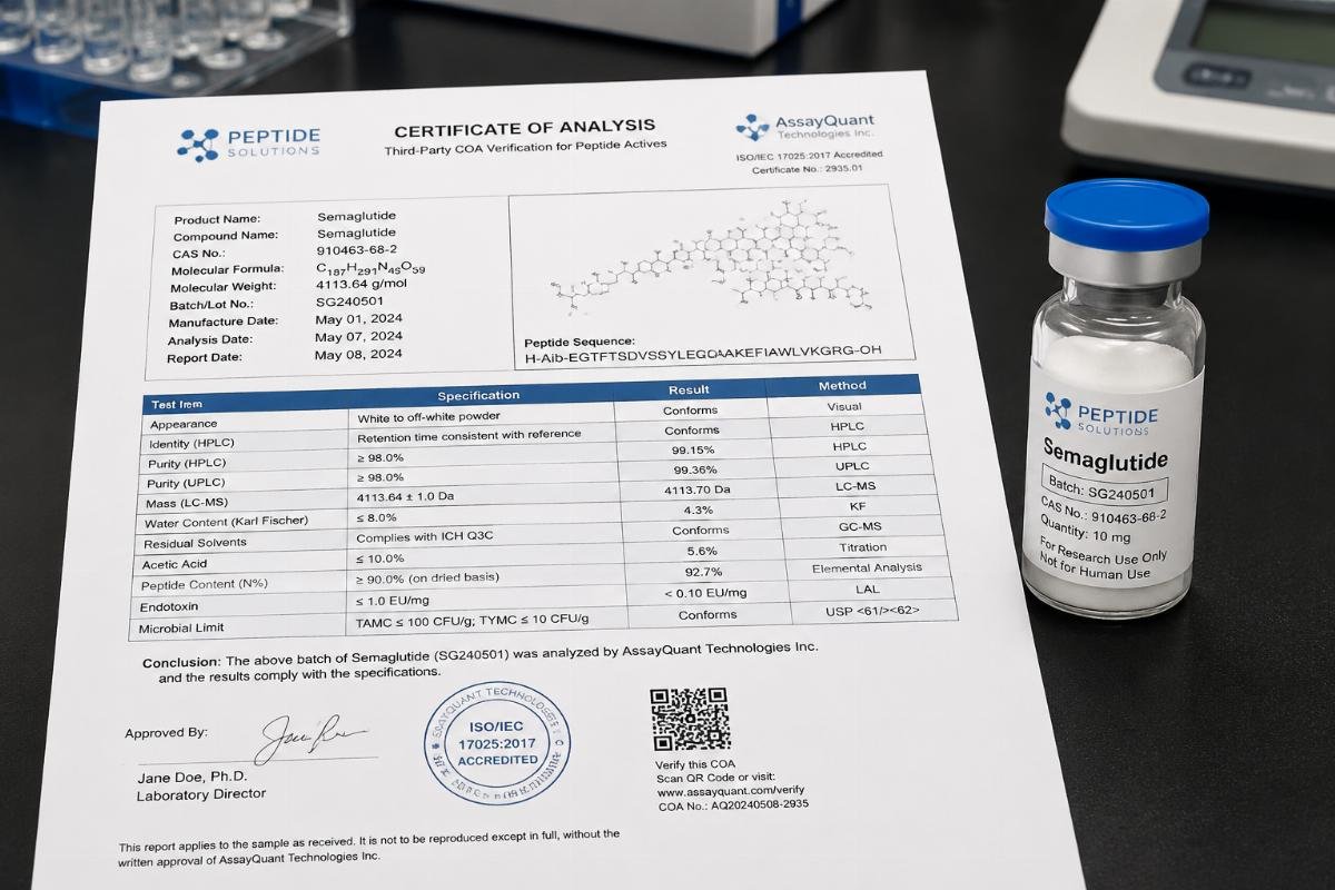 Third-party COA verification for peptide actives A printed COA document laid out on a lab bench next to a vial of peptide powder