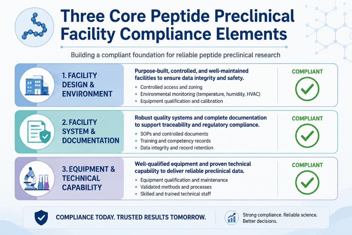 Three core peptide preclinical facility compliance elements Infographic showing three core facility elements with corresponding compliance checkmarks
