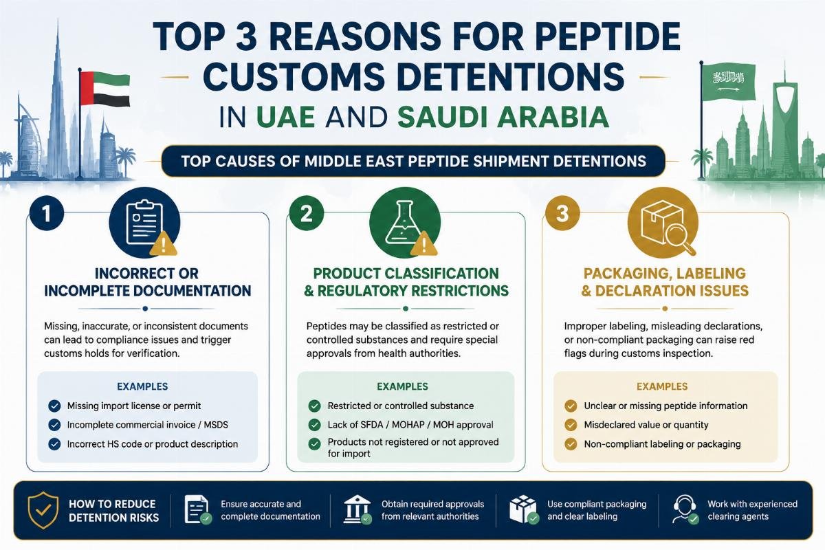 Infographic listing top 3 reasons for peptide customs detentions in UAE and Saudi Arabia
