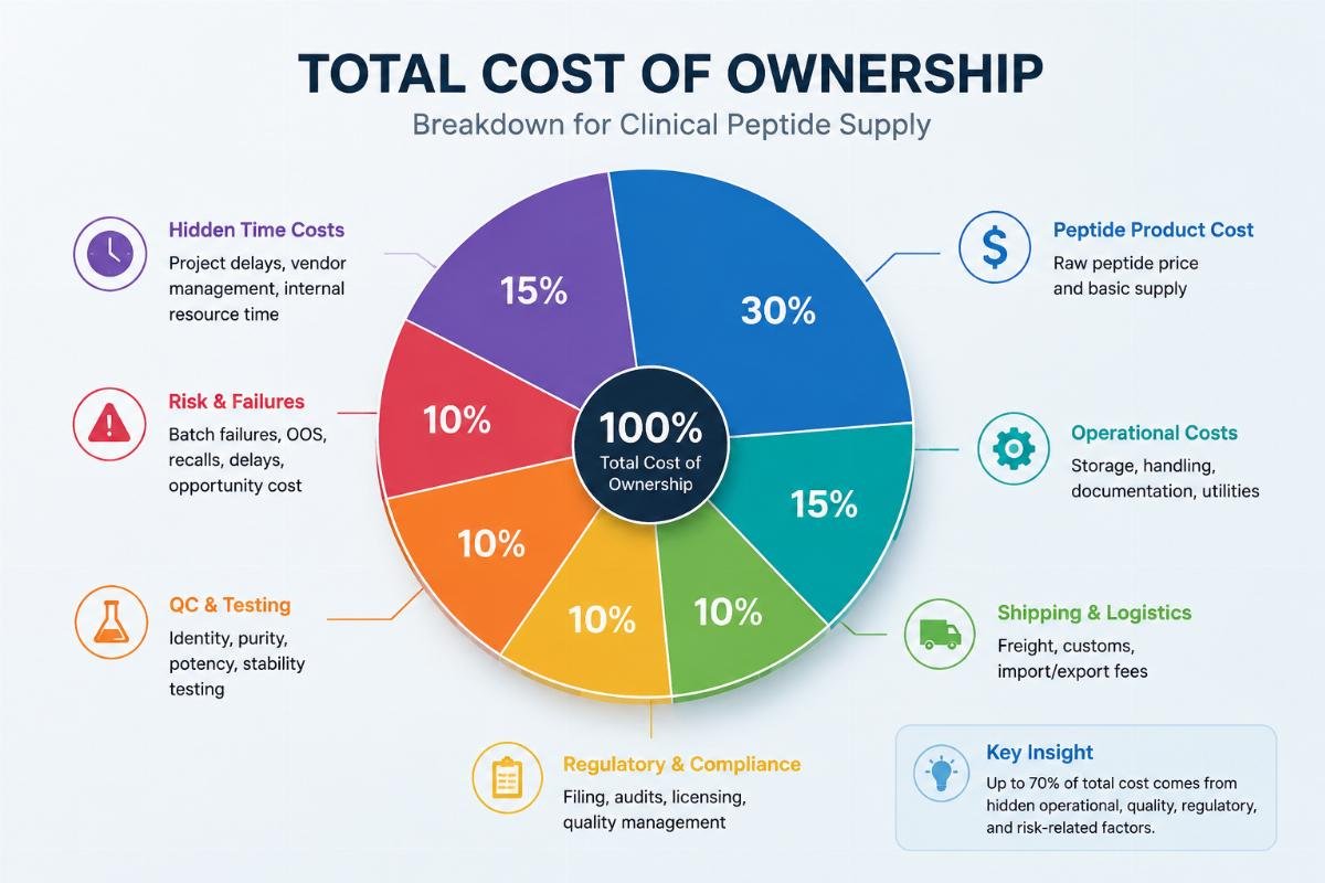 Breakdown pie chart showing total cost of peptide supply including hidden operational and testing costs