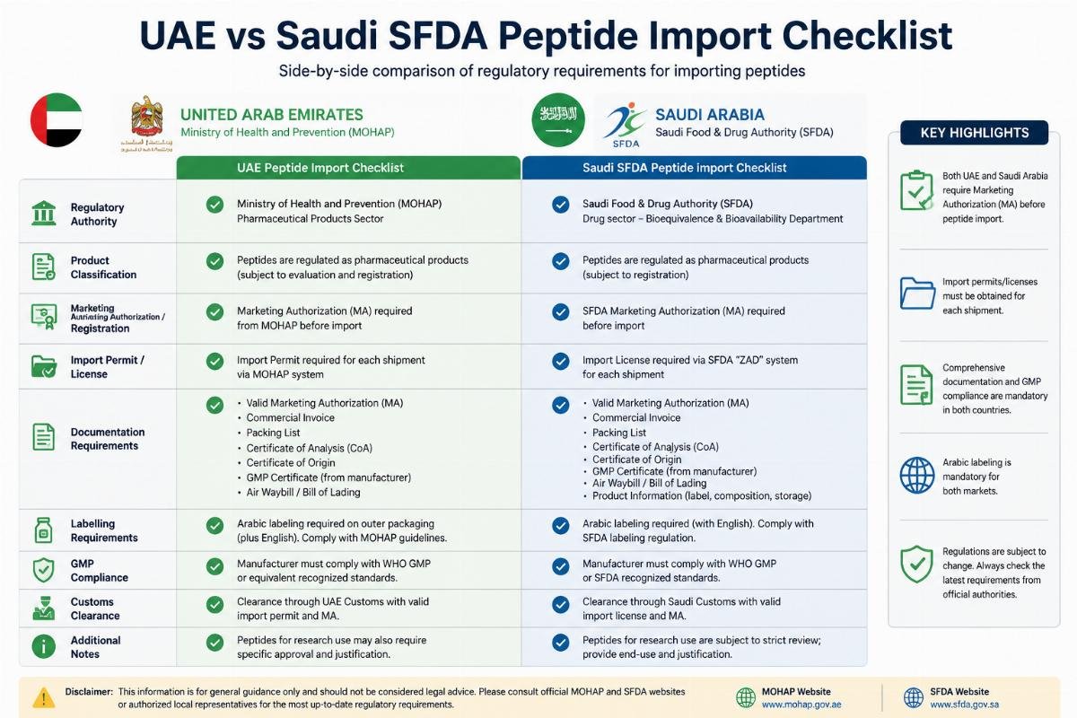 Side-by-side comparison of UAE and Saudi SFDA peptide import checklists
