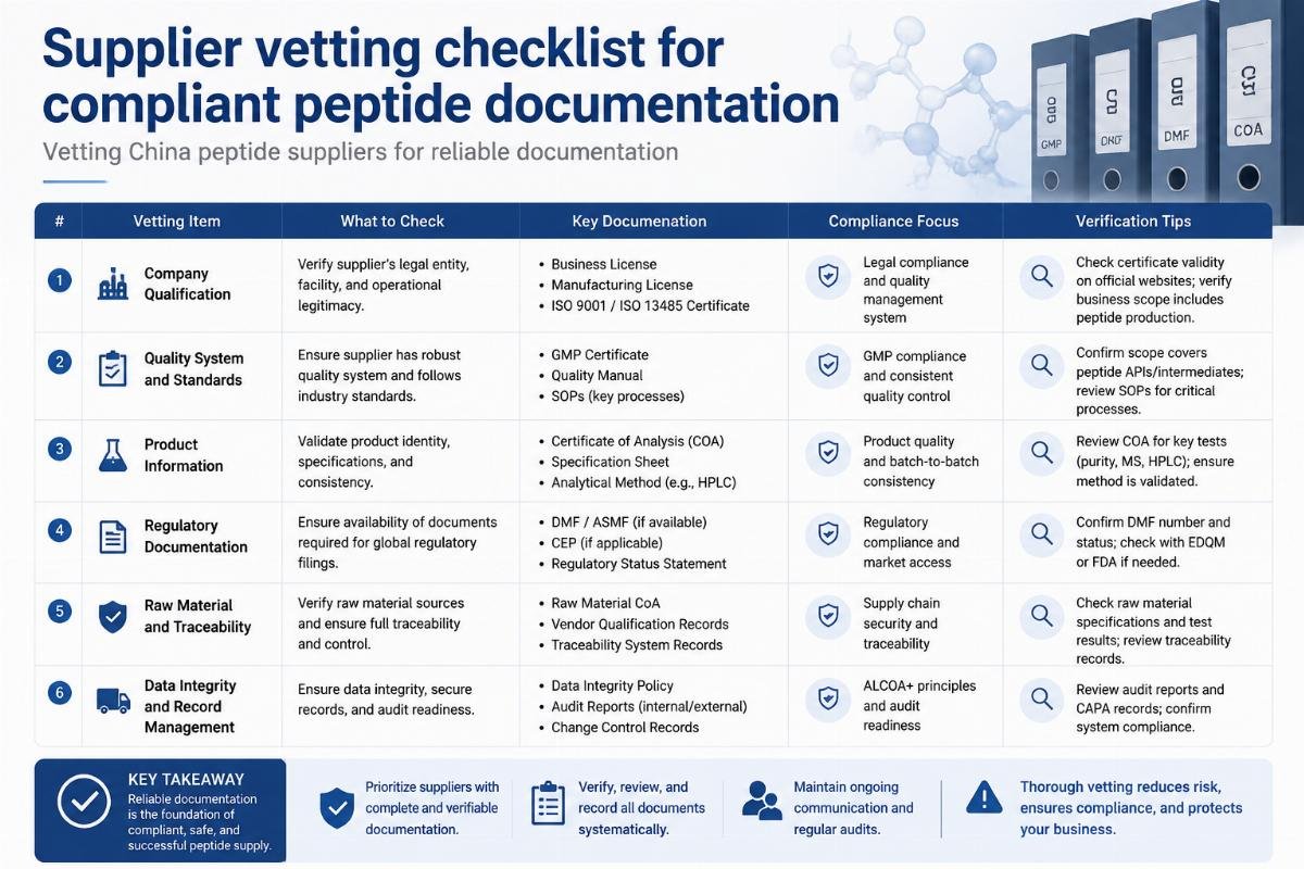 Vetting China peptide suppliers for reliable documentation Supplier vetting checklist for compliant peptide documentation