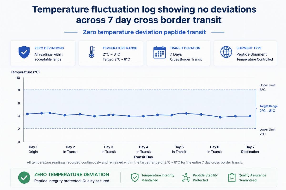Zero temperature deviation peptide transit Temperature fluctuation log showing no deviations across 7 day cross border transit